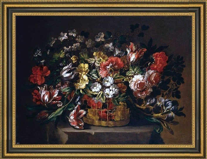Gabriel De La Corte Flowers in a Basket Framed Premium Canvas Print, 18"x24"