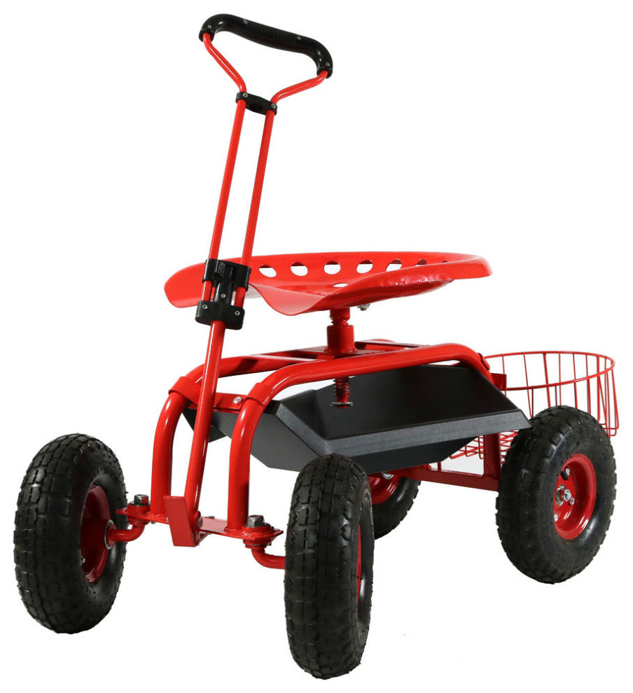 Sunnydaze Rolling Garden Cart With Steering Handle, Seat and Tray, Red