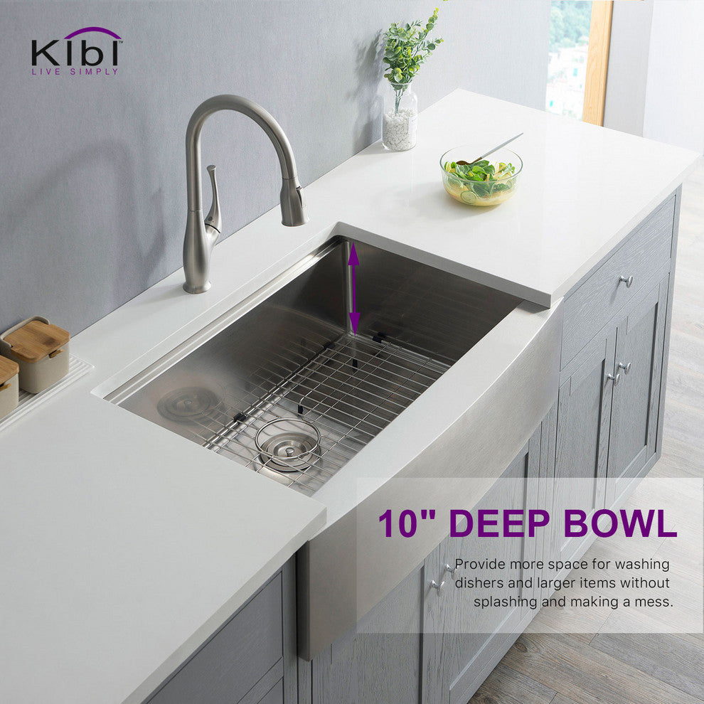 KIBI Farmhouse Apron Single Bowl Stainless Steel Workstation Kitchen Sink, 33"