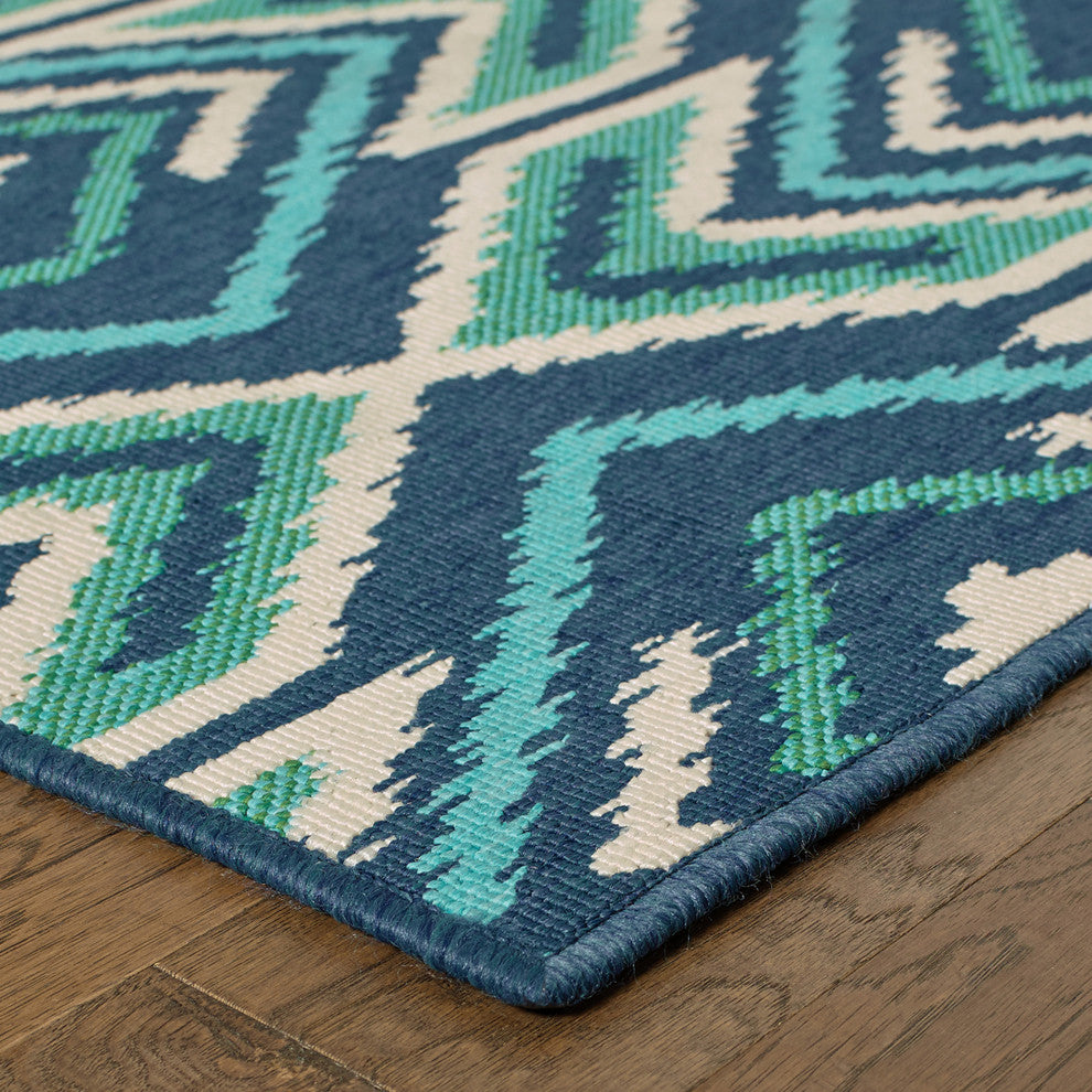 Madelina Ikat Diamonds Navy and Green Indoor or Outdoor Area Rug, 8'6"x13'