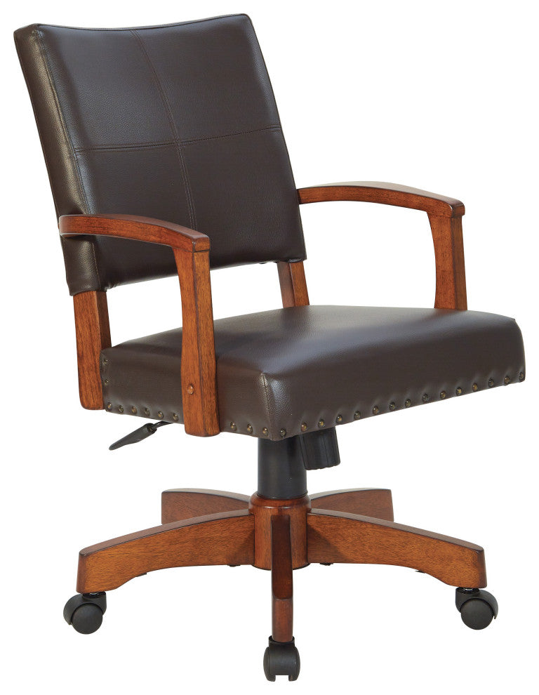 Deluxe Wood Bankers Chair, Black Faux Leather With Antique Bronze Nailheads, Esp