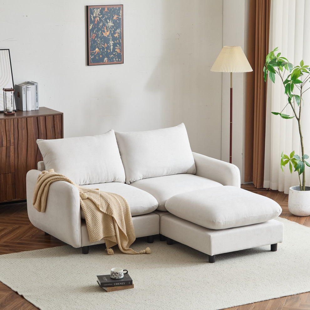 GDF Studio Upholstered Modular Sectional Sofa Set, White Sand, 2 Seater With Ottoman
