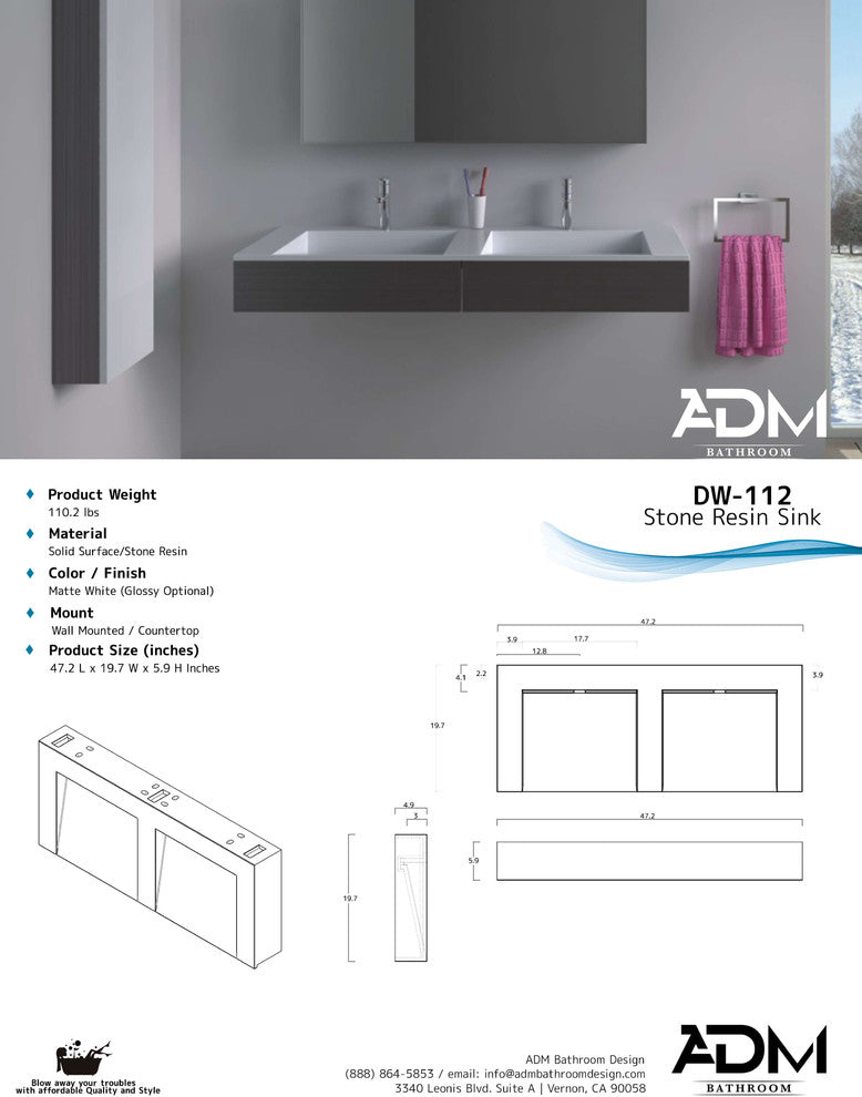 ADM Rectangular Wall Mounted Sink, White With Black Brush Panels, 47", Matte Whi
