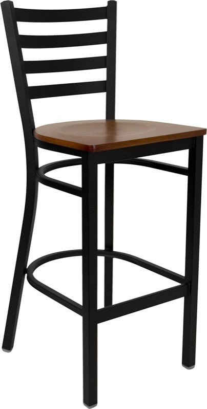 Black Ladder Back Metal Restaurant Barstool, Cherry Wood Seat
