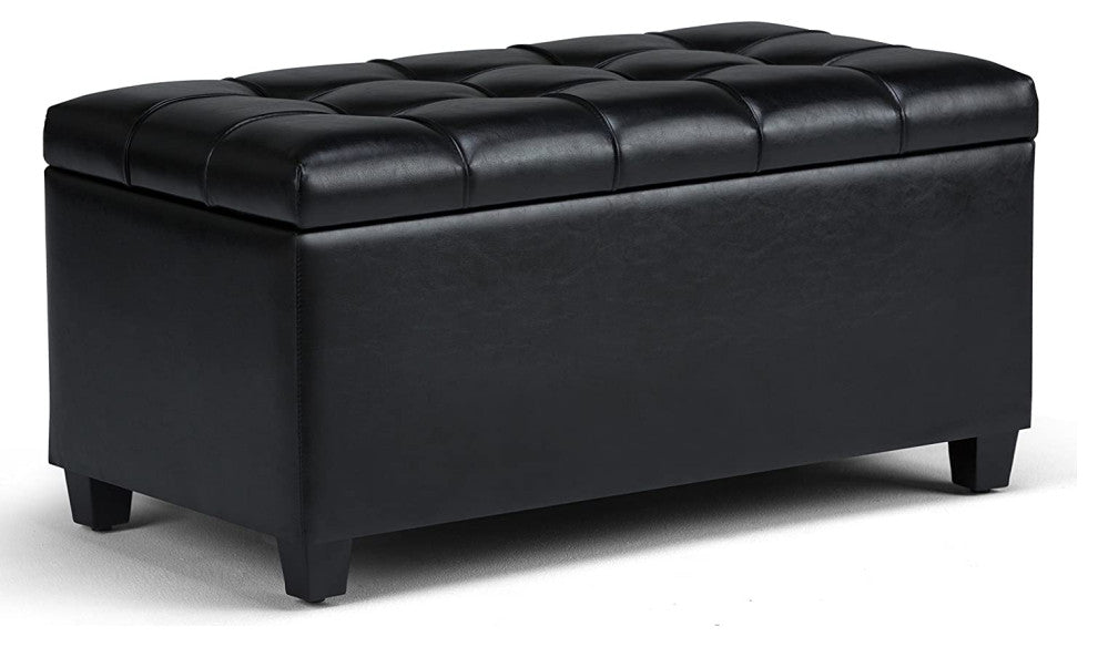 Rectangle Lift Top Storage Ottoman Bench in Midnight Black Tufted Faux Leather