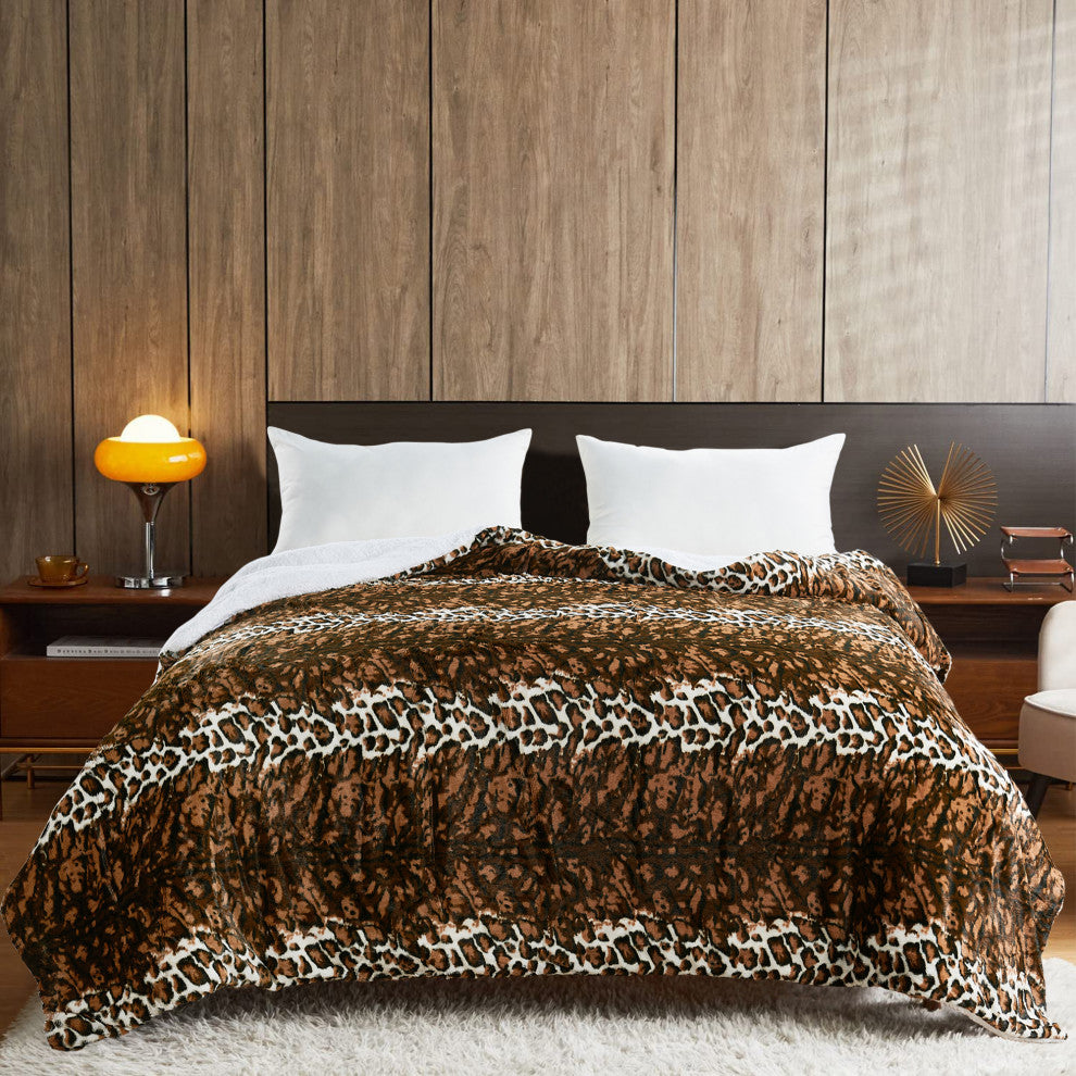 Leopard Faux Fur and Sherpa Blanket, Queen