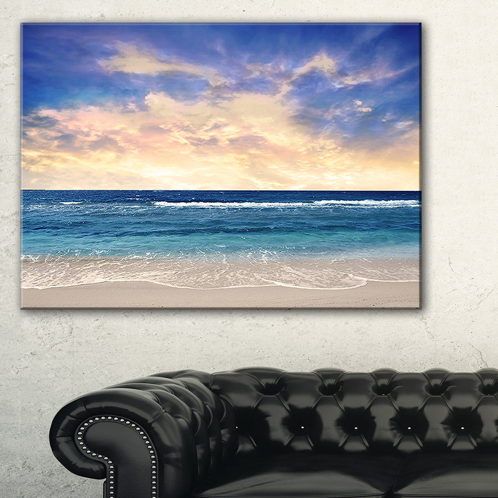 "Clear Blue Sky And Ocean At Sunset" Extra Large Seascape Art Canvas, 40"x20"