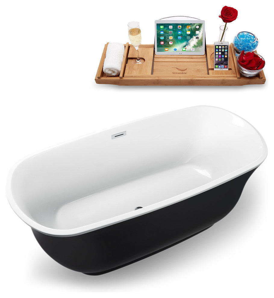 67" Black Freestanding Tub and Tray With Internal Drain, Oval Shaped