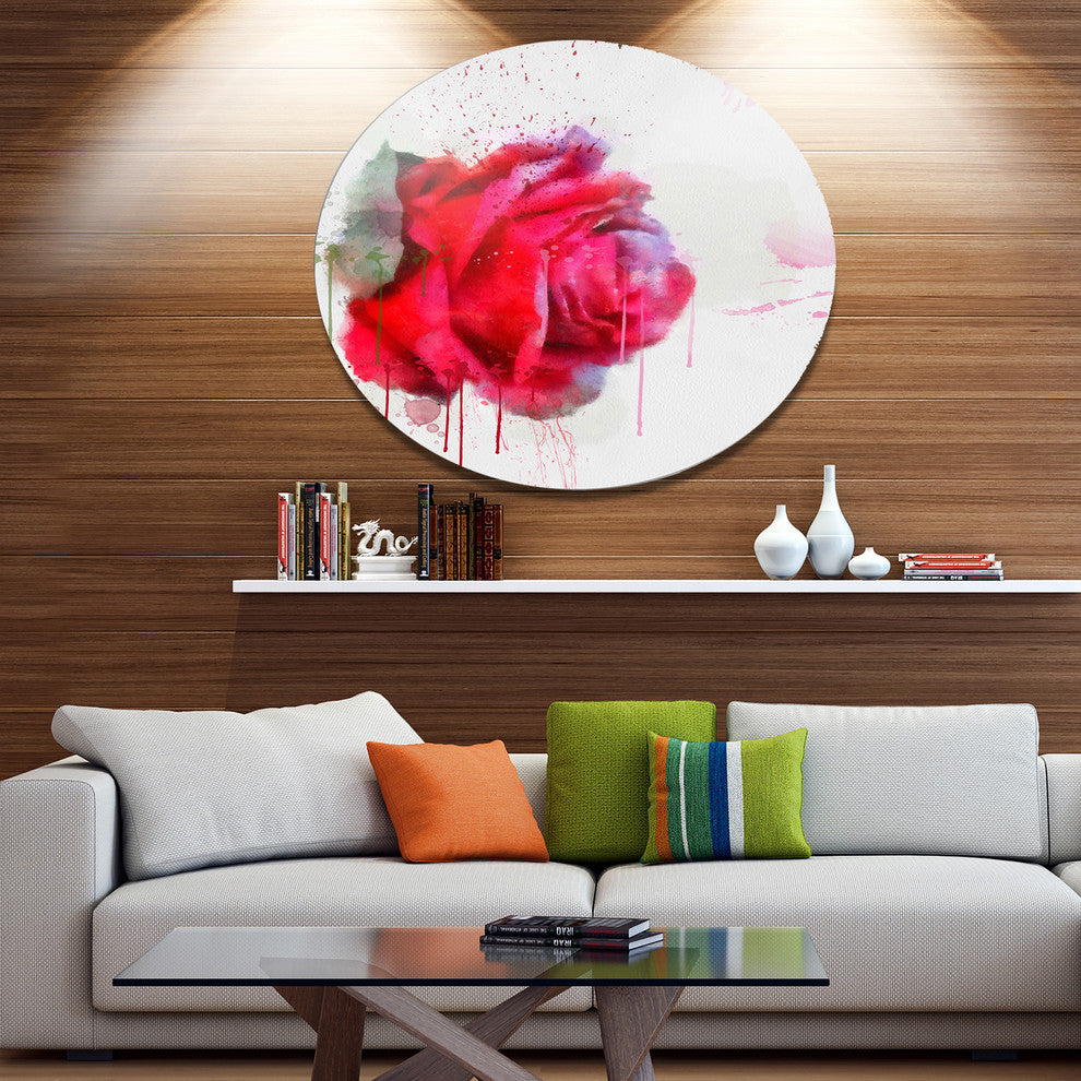 Watercolor Red Rose Illustration, Floral Disc Metal Artwork, 11"