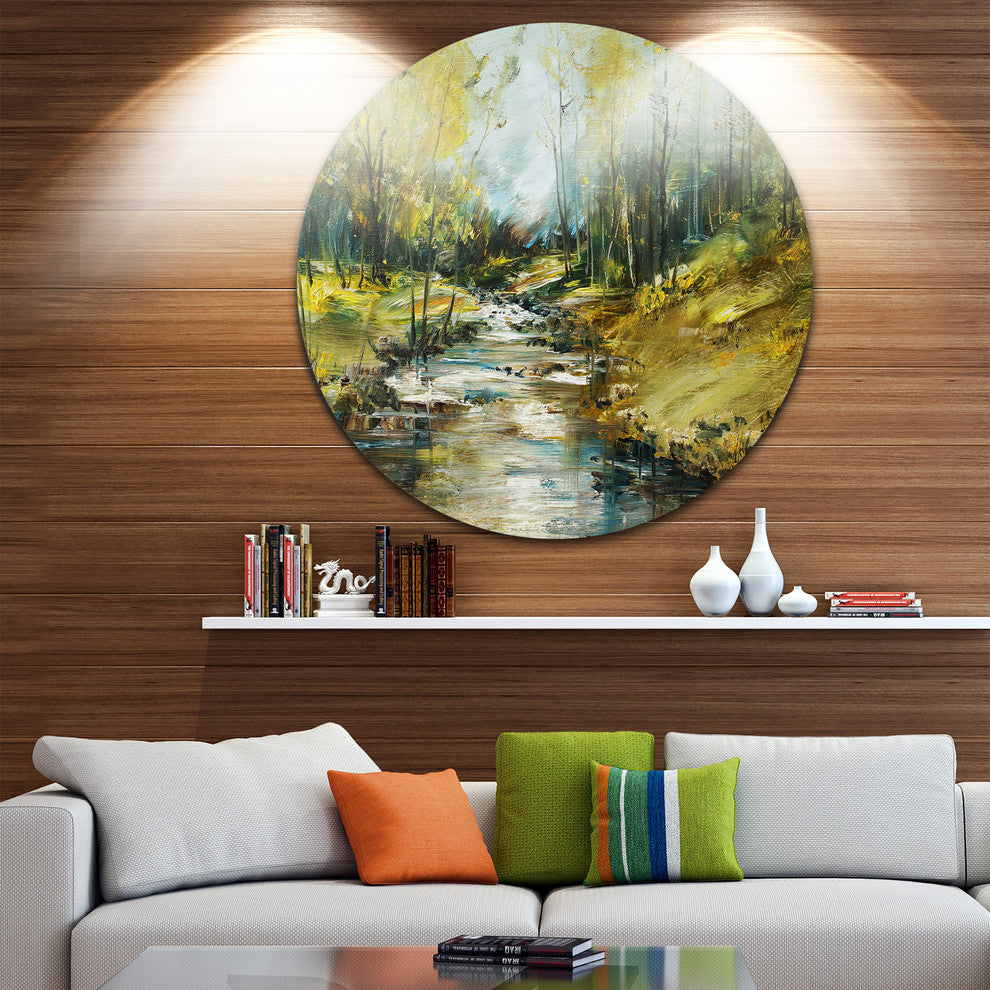 Creek In The Forest Oil, Landscape Disc Metal Artwork, 36"
