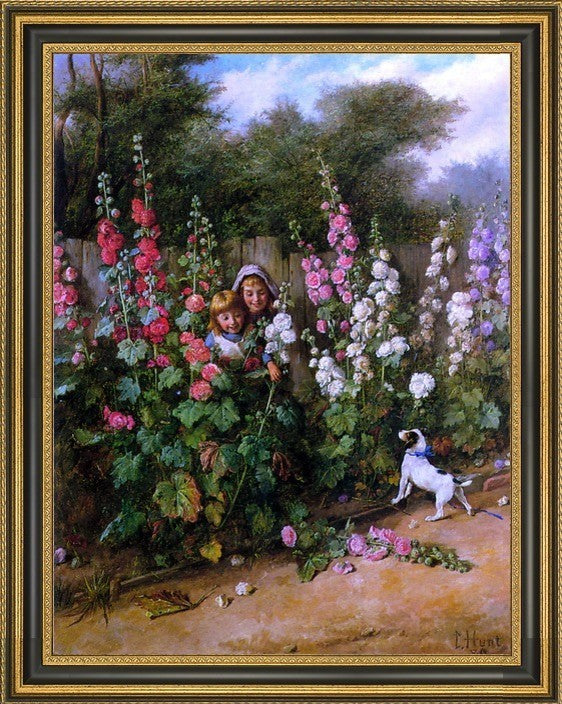 Charles Hunt Behind the Hollyhocks Framed Premium Canvas Print, 18"x24"