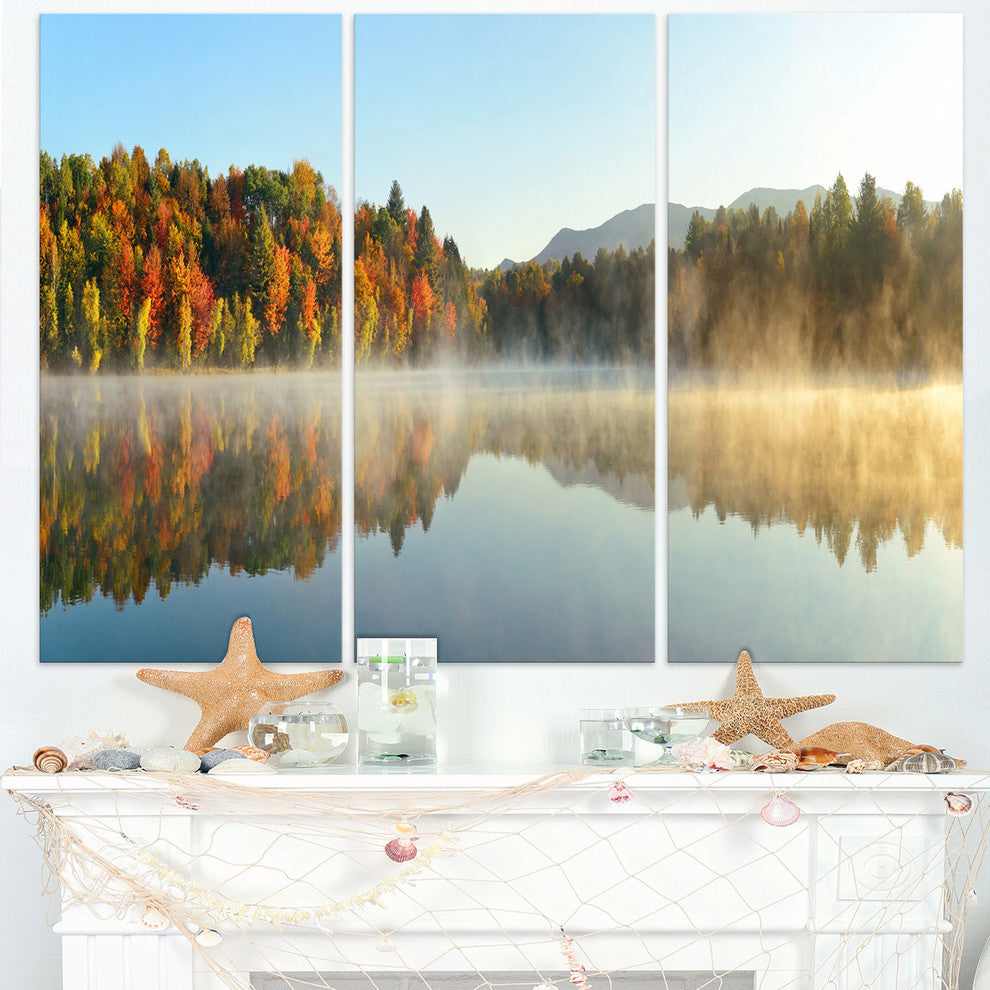 "Lake Autumn Foliage Fog Panorama" Metal Wall Art, 3 Panels, 36"x28"