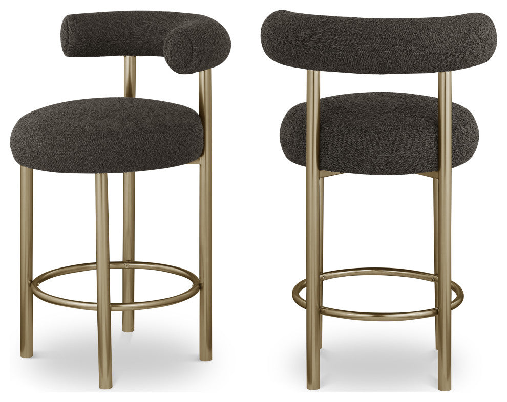 Bordeaux Upholstered Stool, Brown, Boucle Fabric, Brushed Brass, Set of 2