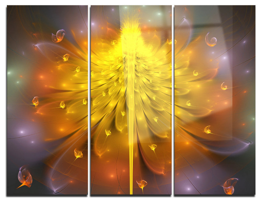 "Yellow Fractal Flower With Pink" Digital Metal Wall Art, 3 Panels, 36"x28"