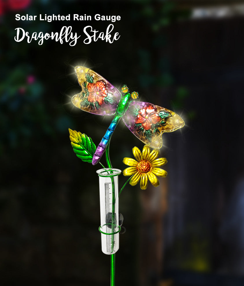Solar Lighted Glass Dragonfly Outdoor Garden Stake With Rain Gauge