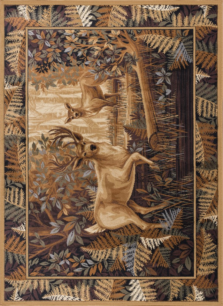 Fern Deer Novelty Lodge Pattern Beige Rectangle Area Rug, 5'x7'
