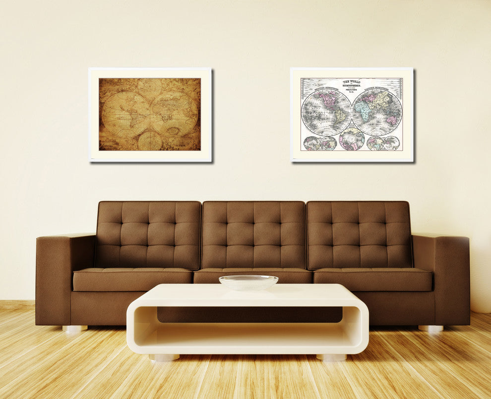 The World Circa Vintage Old Map Print On Canvas With Picture Frame 28" X 37"