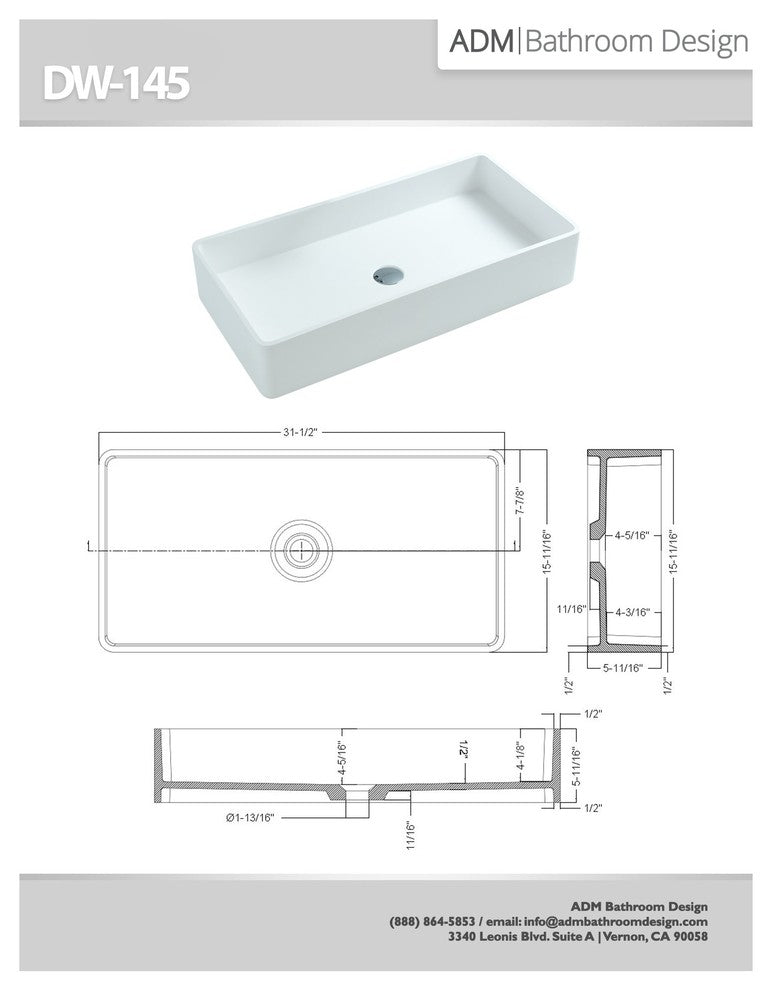 ADM Large Rectangular Stone Resin Countertop Sink, White, 32", Matte White