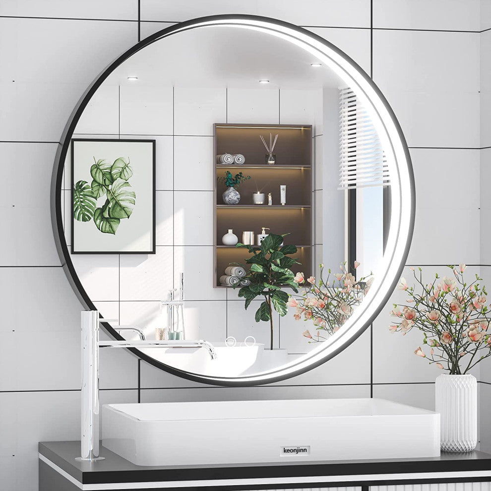 Metal Framed Round LED Vanity Mirror Anti-Fog Wall Mount Makeup Mirror, 24"