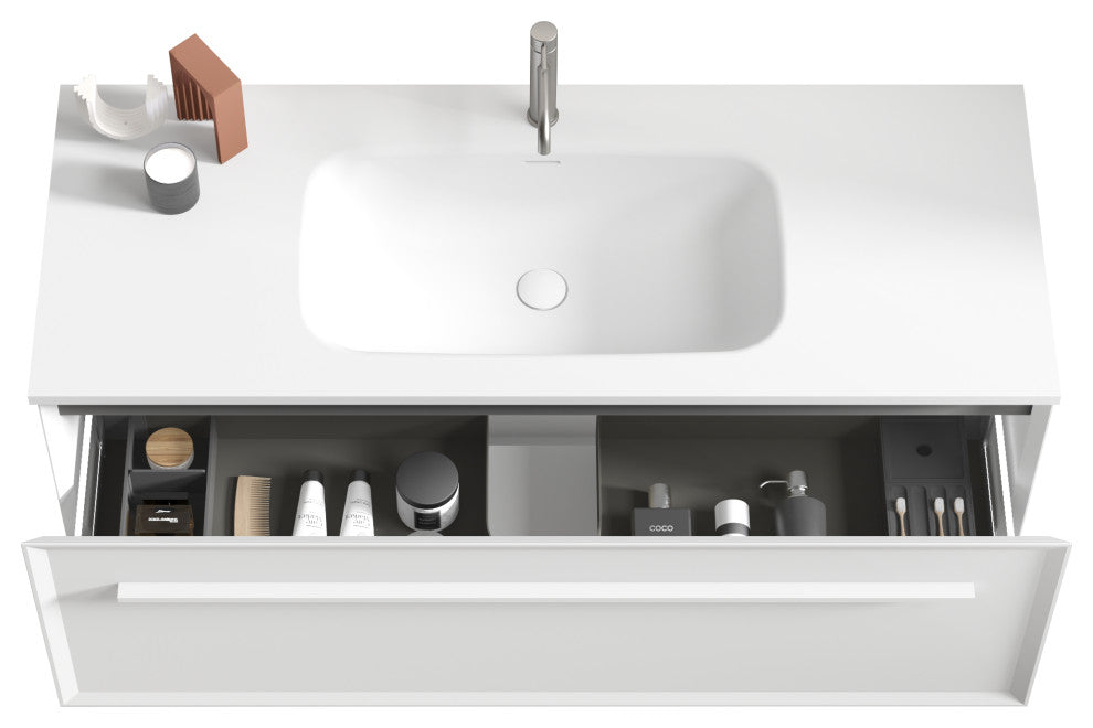 Nevia Wall Mounted Floating Bathroom Vanity with White Solid Surface Sink, 48"