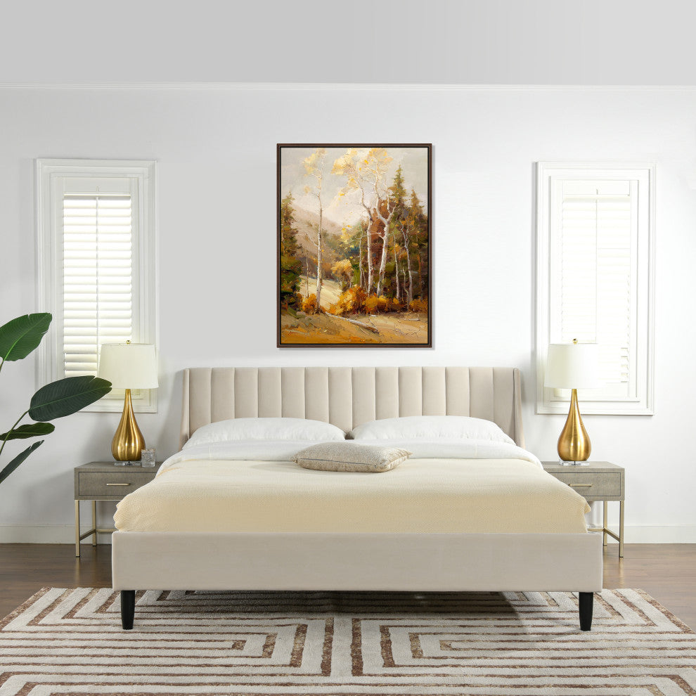 Aspen Modern Vertical Tufted Upholstered Platform Bed, French Beige Performance Velvet, King