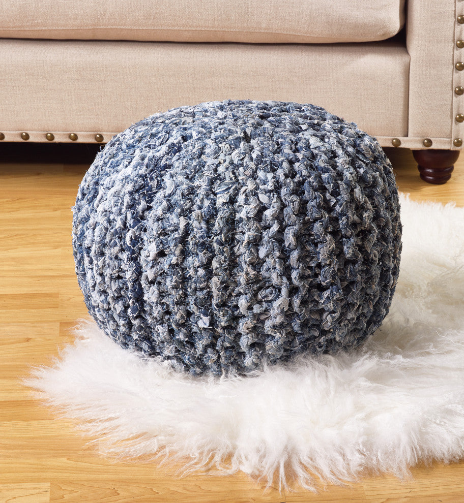 Denim Twisted Rope Pouf Ottoman, Navy Blue