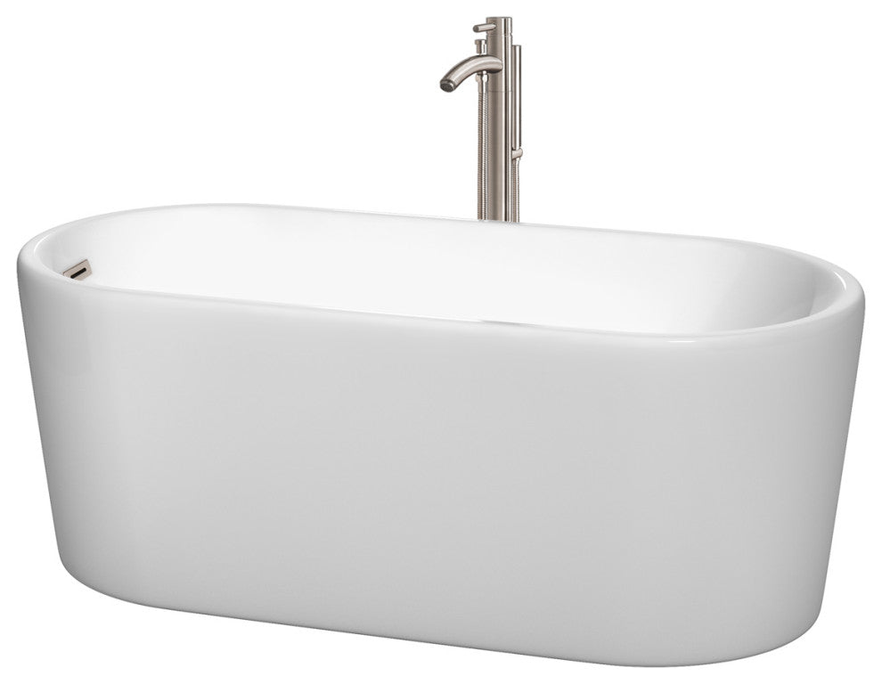 Ursula 59" Freestanding White Bathtub, Brushed Nickel Tub Filler & Trim