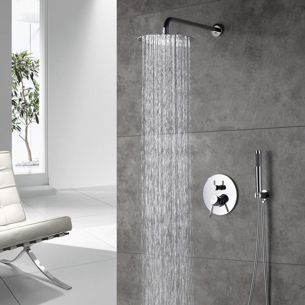 CASAINC 10" Round Wall Mounted Luxury Rain Shower System with Handheld Spray, Chrome