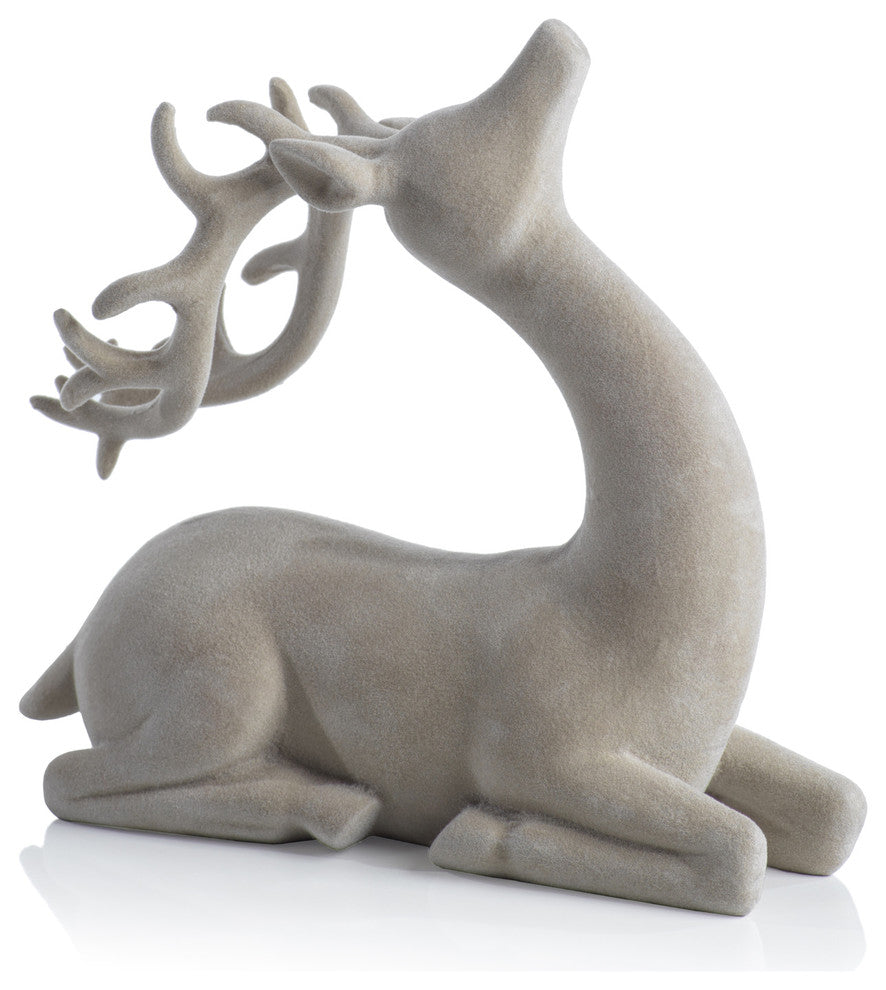 Flocked Sitting Deer Figurine Statue, Natural