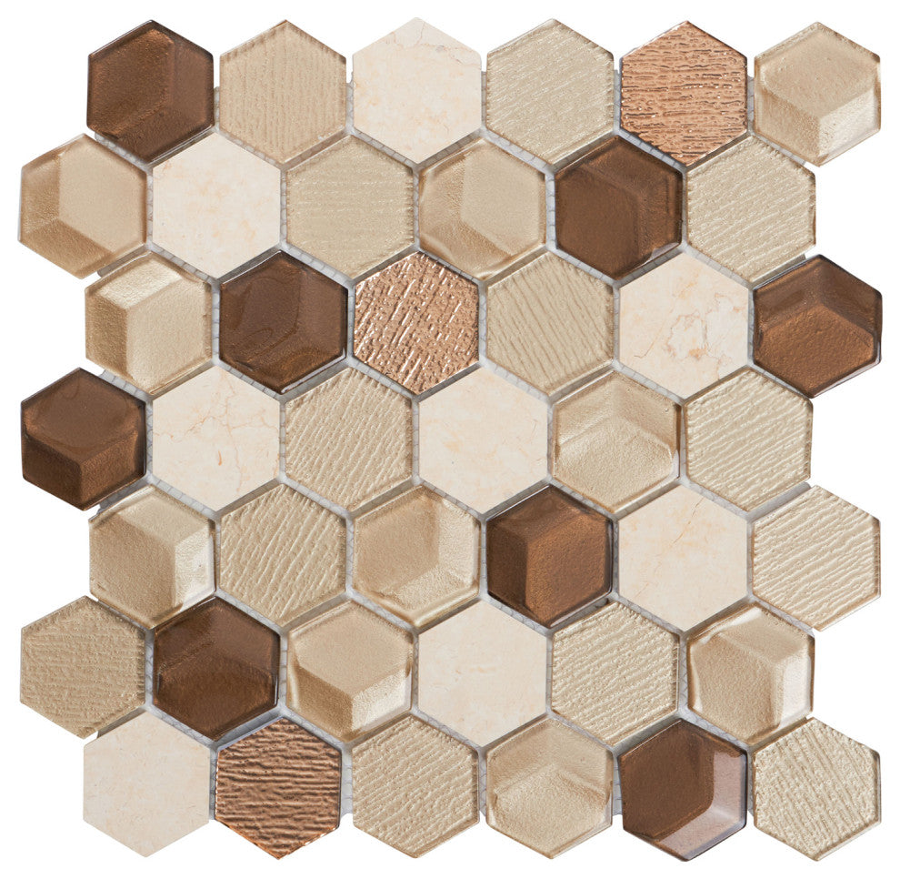 Hexagon Stone Metallic Beige 3D Insert Glass Mosaic Tile, 13"x13", Single Sheet