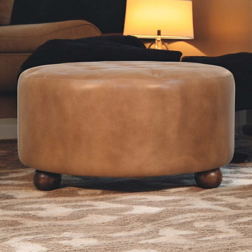 Ottoman upholstered Buffalo Brown hide leather Round Artisan Furniture