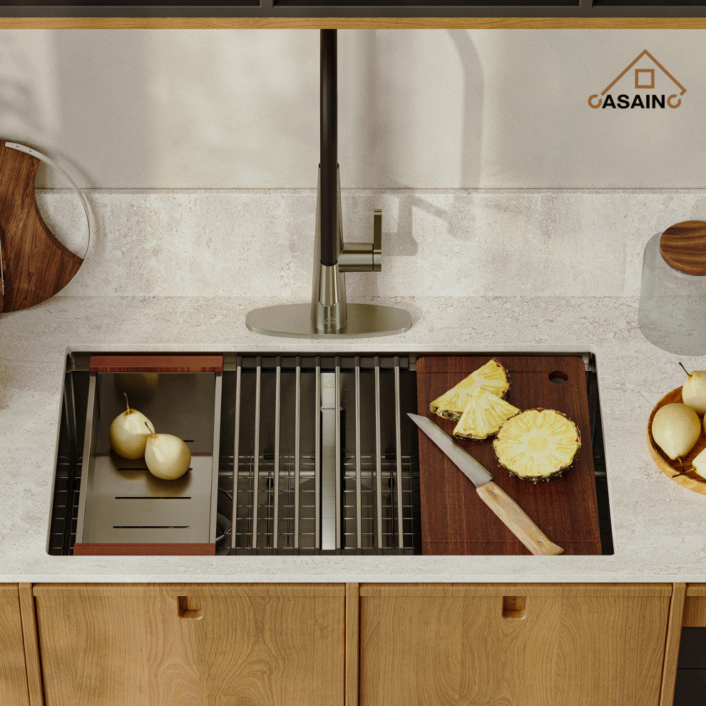 33in Stainless Steel Double Bowl Undermount Workstation Kitchen Sink/ Faucet, Brushed Nickel