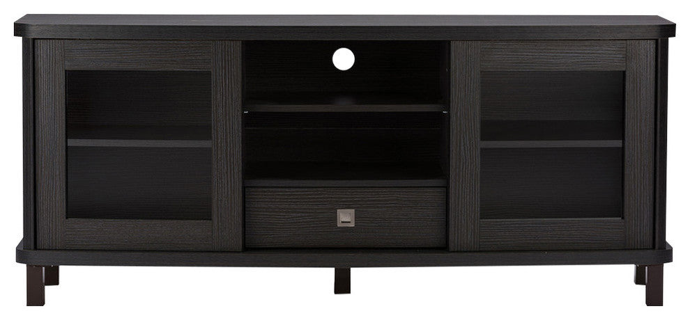 Walda 60" Dark Brown Wood TV Cabinet With 2 Sliding Doors and 1 Drawer