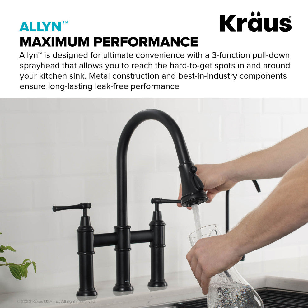 Allyn Traditional 3-Function Bridge Pull-Down Kitchen Faucet Matte Black