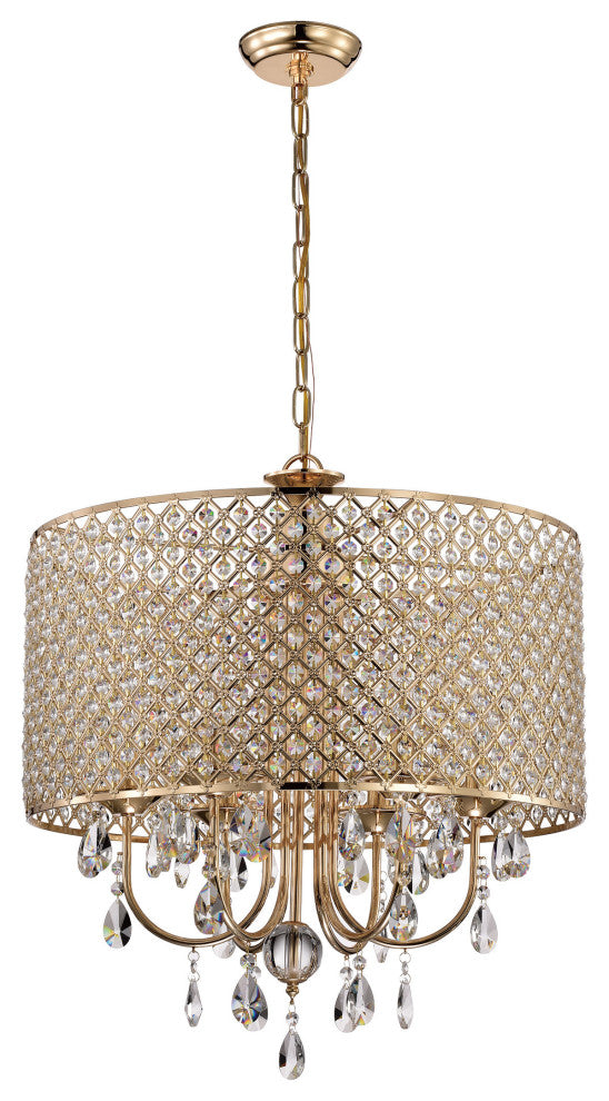6-Light Gold Round Beaded Drum Chandelier With Hanging Crystals