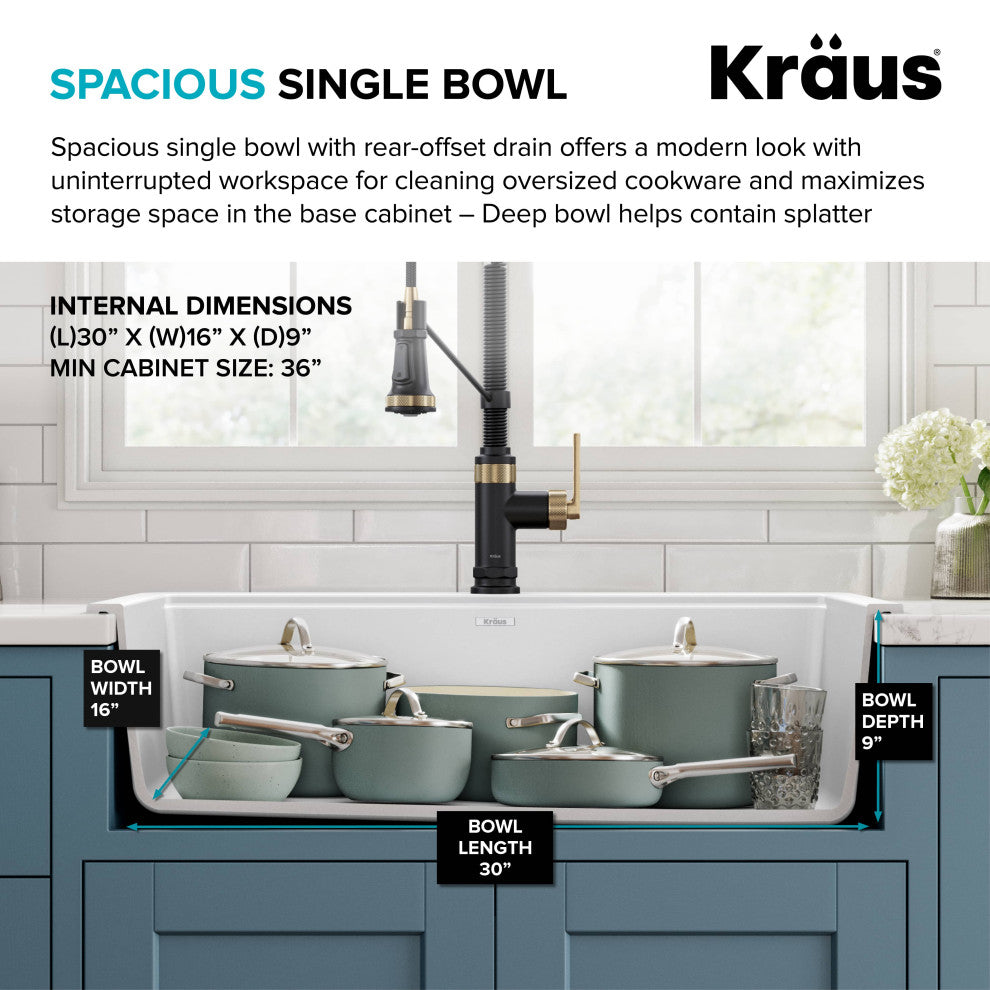 KRAUS Bellucci 33" Workstation Drop, Farmhouse Granite Kitchen Sink White
