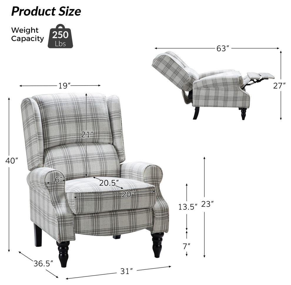 Modern Push-Back Plaid Recliner with Rolled Armrest, Plaid Gray