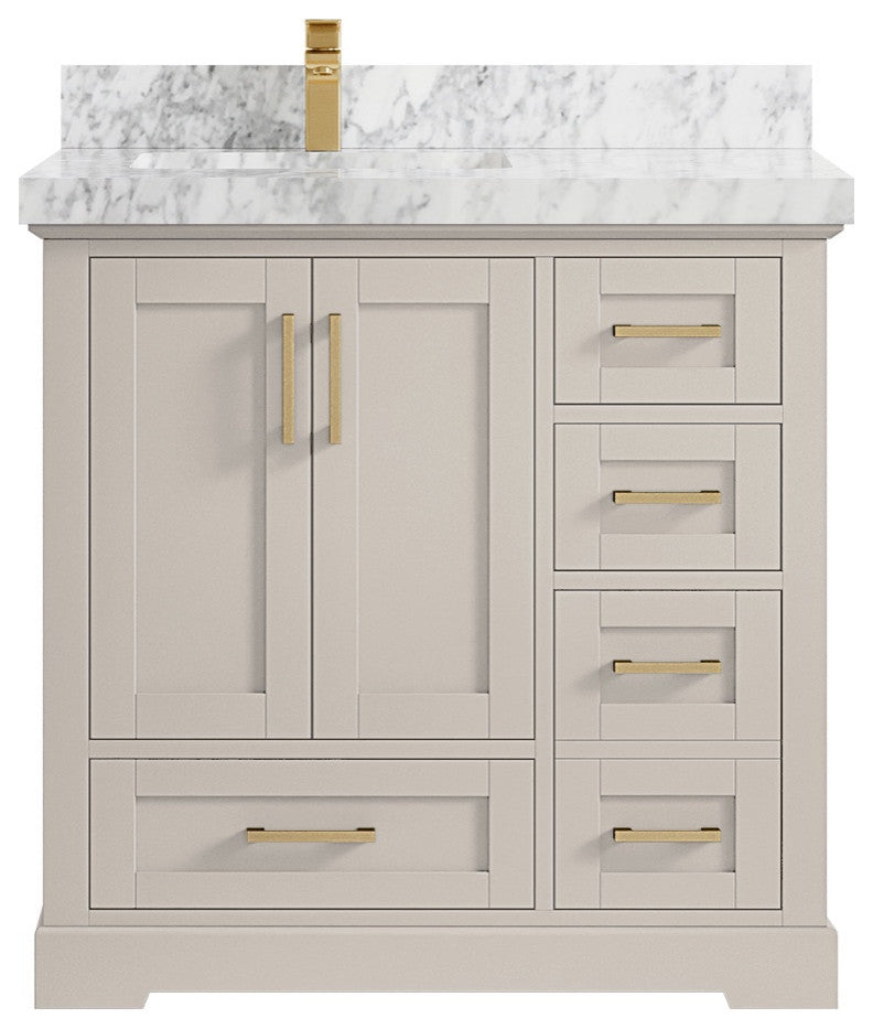 Boston 36" Left Offset Bath Vanity in Fine Grain 2" Carrara Marble