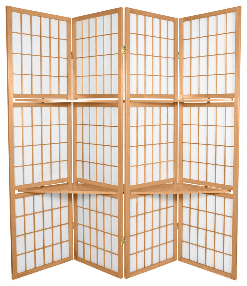 5 1/2' Tall Window Pane With Shelf Room Divider, Natural, 4 Panels