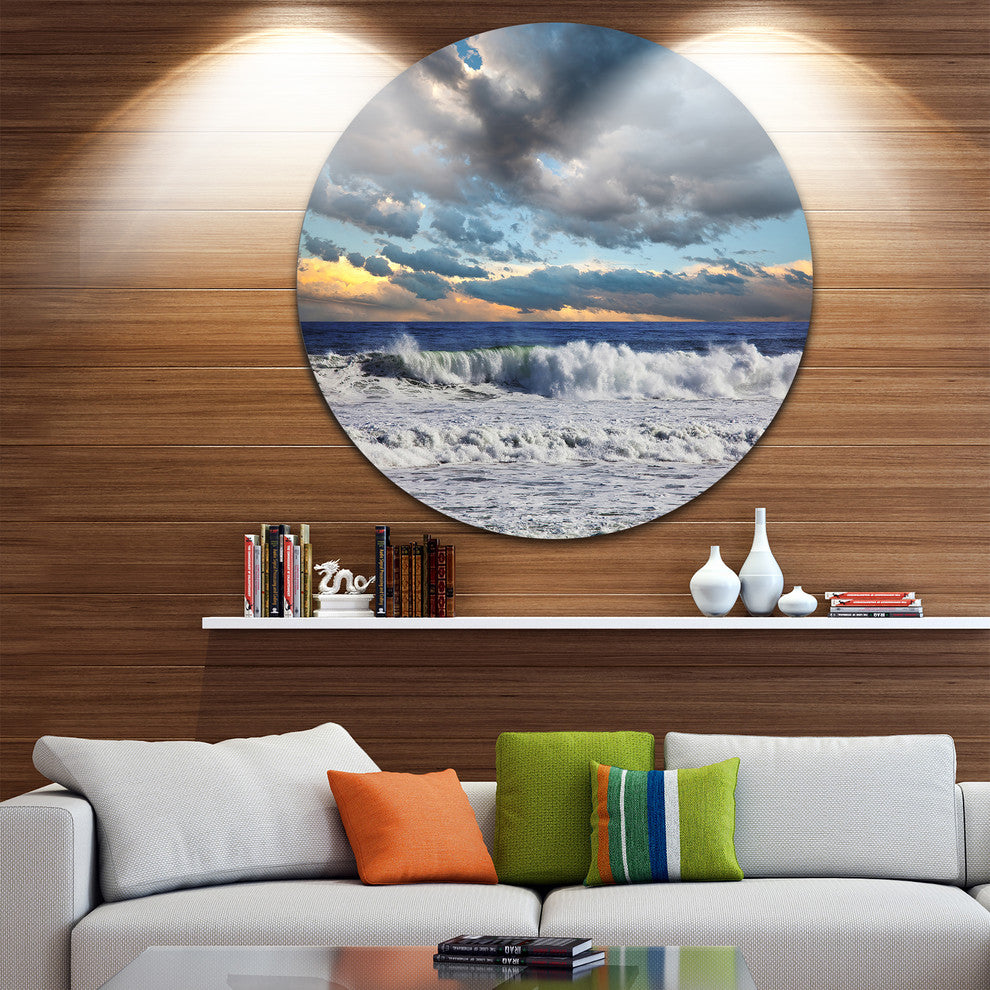Heavy Storm In Ocean At Sunset, Modern Beach Round Metal Wall Art, 36"