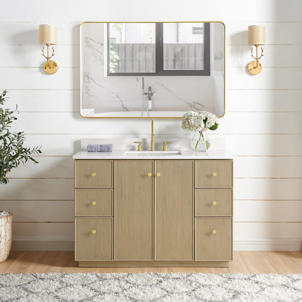 Oza Bath Vanity with Quartz Stone Top, Aged Natural Oak, 48", Single Vanity, No Mirror