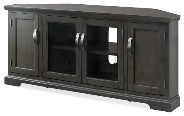 Riverstone Oak Corner TV Console with Glass Doors and Pewter Pulls