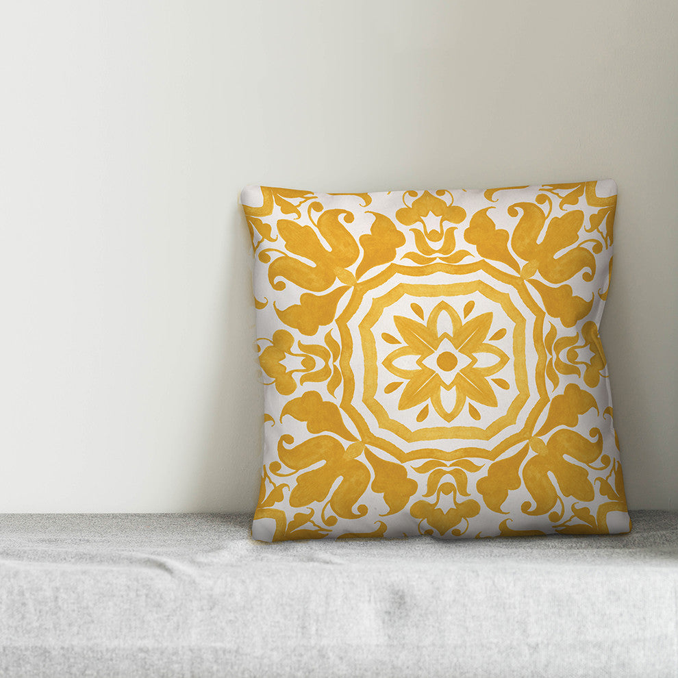 Yellow Watercolor Damask Tile 18x18 Throw Pillow