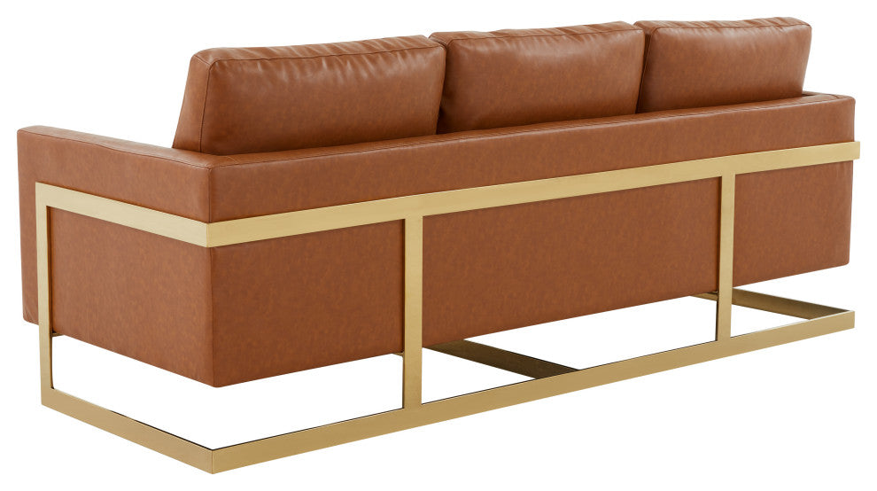 LeisureMod Lincoln Modern Leather Sofa With Gold Frame, Cognac Tan
