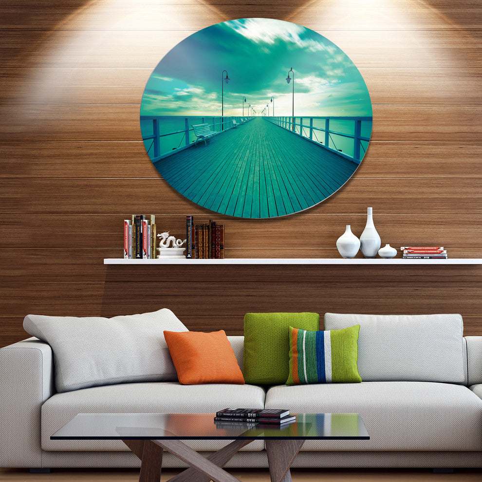 Blue Seascape With Wooden Pier, Bridge Round Metal Wall Art, 11"
