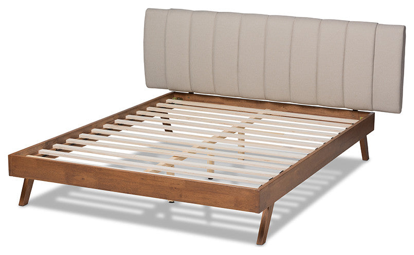 Brita Mid-Century Modern Light Beige Walnuted Wood Queen Size Bed