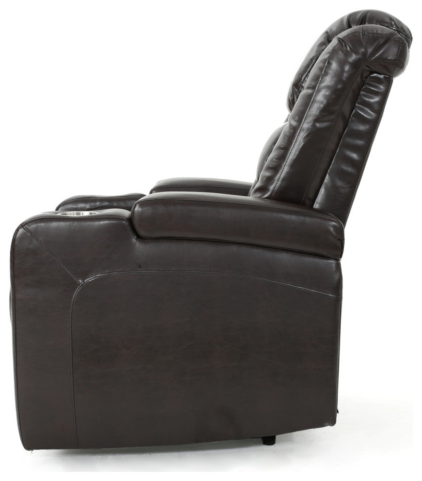 GDF Studio Everette  Brown Leather Power Recliner With Arm Storage and USB Cord