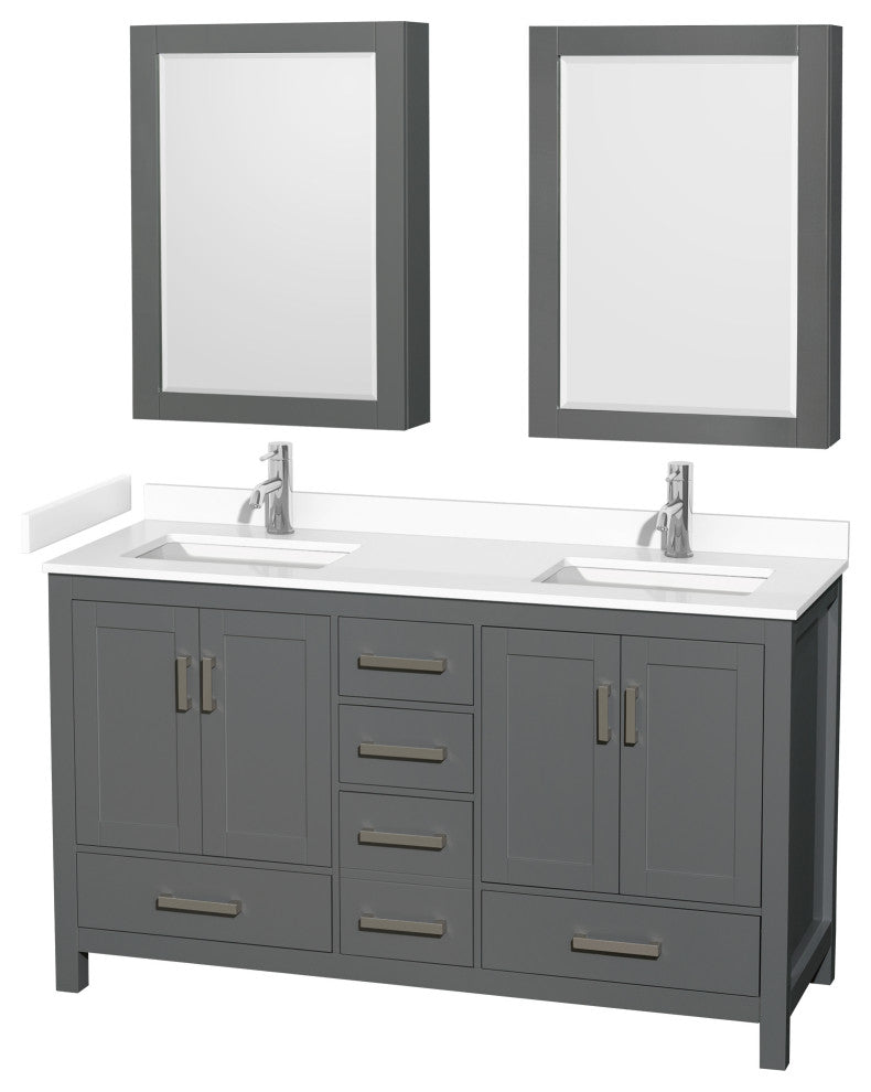 60"DBL Vanity Dark Gray, White Cult. Marble Countertop, Sinks, Med. Cabinets