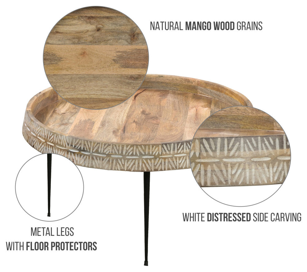 29" Coffee Table Round Handcrafted Mango Wood Carved Edge Black Iron Legs