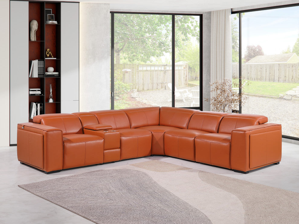 Niccolo Top Grain Italian Leather 6-Piece L-Shaped Power Reclining Sectional, Camel